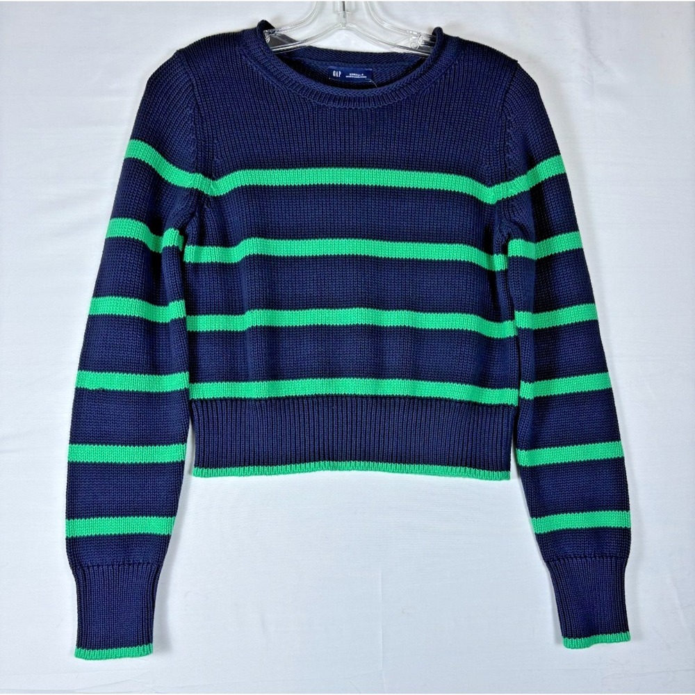 Gap Women Navy Blue Green Striped Shaker Knit Cropped Sweater XS Petite NEW